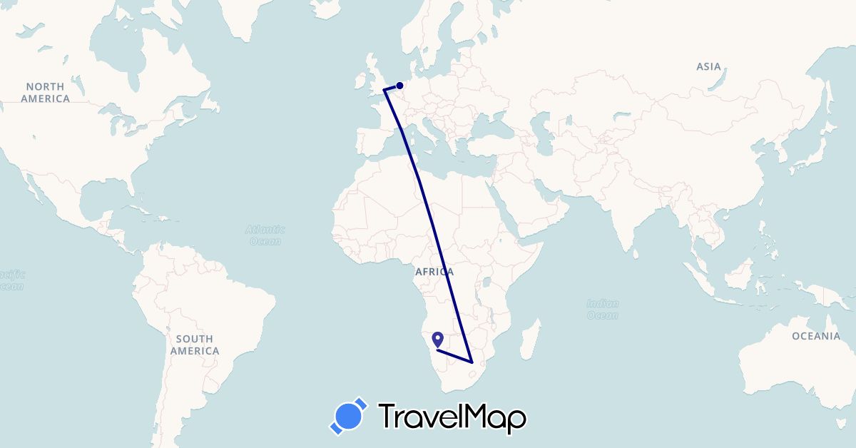 TravelMap itinerary: driving in United Kingdom, Namibia, Netherlands, South Africa (Africa, Europe)